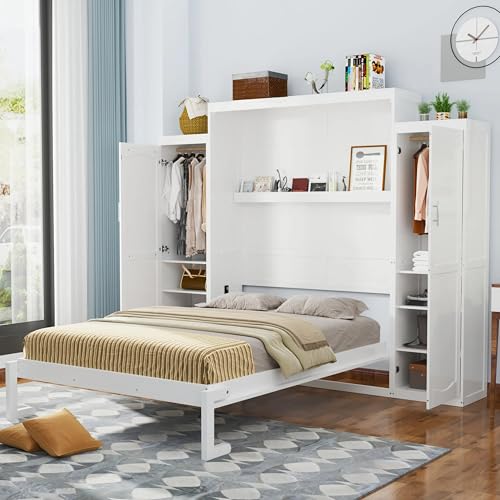 White Queen Size Foldable Platform Bed with 2 Wardrobe and Storage Shelf D68894