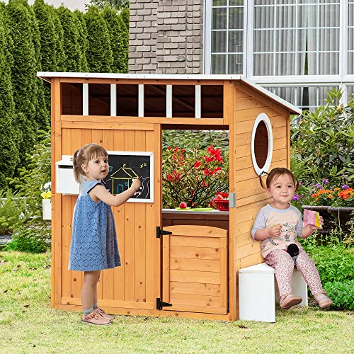 Wooden Playhouse with Working Door, Windows, Mailbox, Bench, Flowers Pot Holder, 48" x 42.5" x 53" Q180