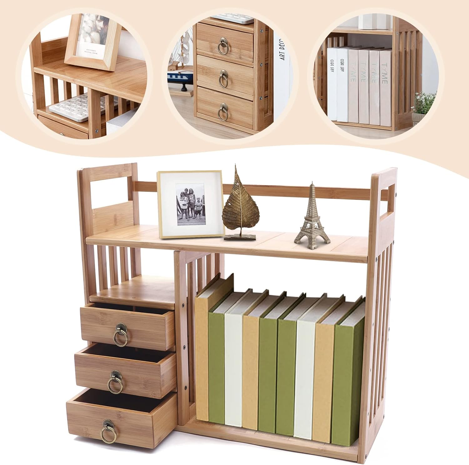 Natural Bamboo Desk Shelf Organizer with 3 Drawers F1705