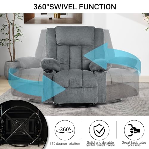 Recliner Chair Massage Fabric Recliners with Heated, 360 Degree Swivel Single Sofa with Cup Holders and Side Pockets Rocking Chair T54270