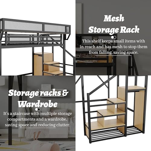 Black Full Size Loft Bed with Desk and Stairs, Steel Frame S894