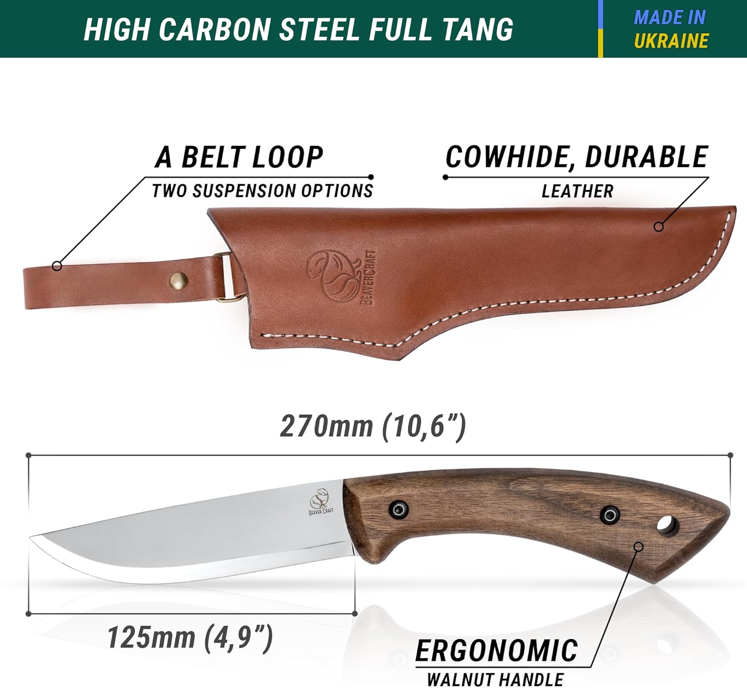 Bushcraft Knife Fixed Blade with Leather Sheath Full Tang Carbon Steel J5801