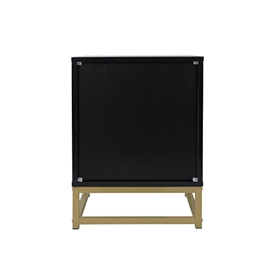 Black 2-Drawer Rattan Wood Nightstand I8215