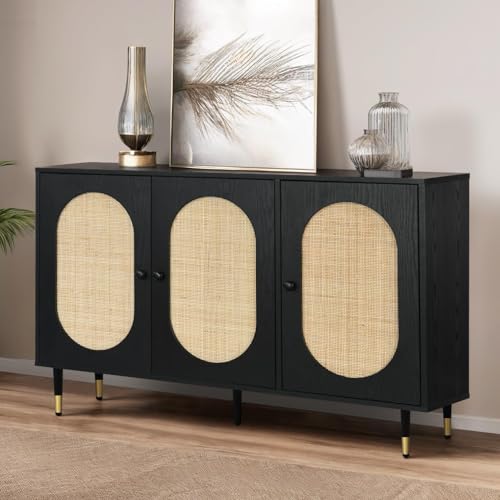 Black Rattan 3 Doors Buffet Cabinet with Adjustable Shelf I8256