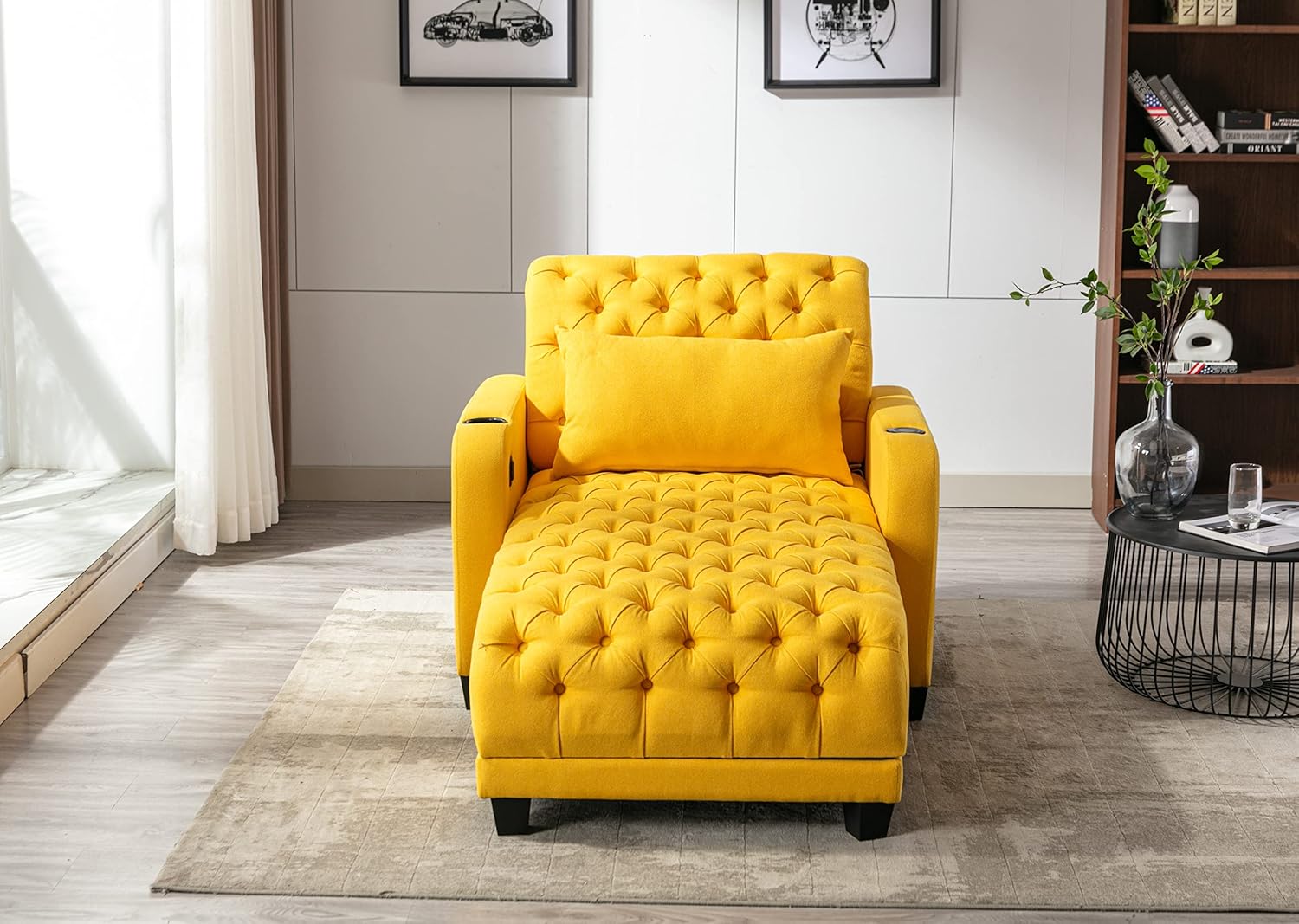 Yellow Button Tufted Single Sofa Bed with Pillow S6806