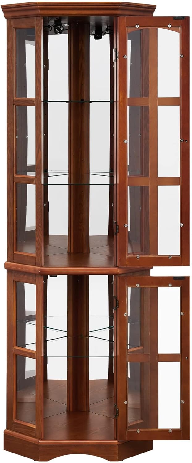 Curio Cabinet with Glass Doors, 5 Shelves, Lighting System, Oak Z375