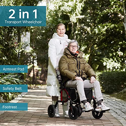 Blue 2 in 1 Rollator Walker & Transport Chair with 10” Non-Pneumatic Wheels C723