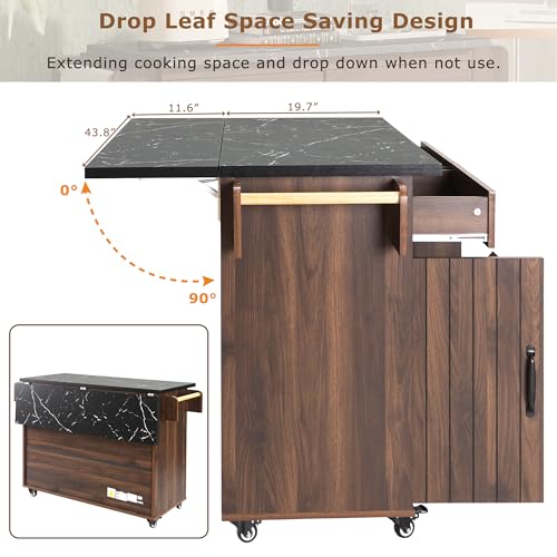 Walnut Brown Rolling Kitchen Island with Drop Leaf H208823