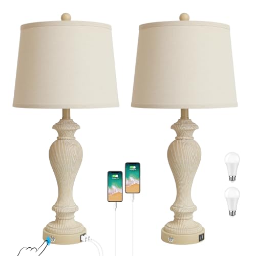 Set of 2 White Fabric Shade Table Lamps with 2 USB Ports, 3-Way Dimmable, 7W LED Bulbs H606575