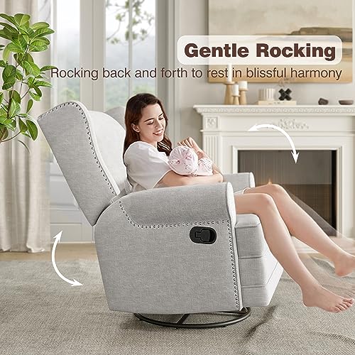 Beige Swivel Nursery Glider Recliner with Lumbar Pillow and Footrest K5166