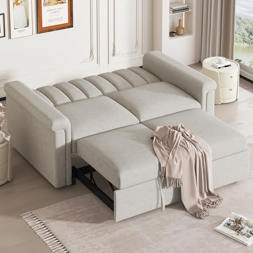Beige Convertible Sleeper Sofa Bed with Pullout Bed T92457