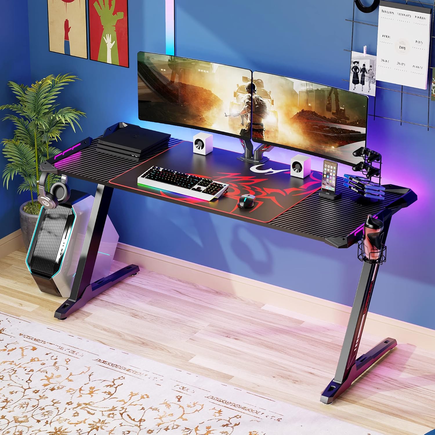 60 inch Z Shaped Gaming Desk with RGB LED Lights Z1896