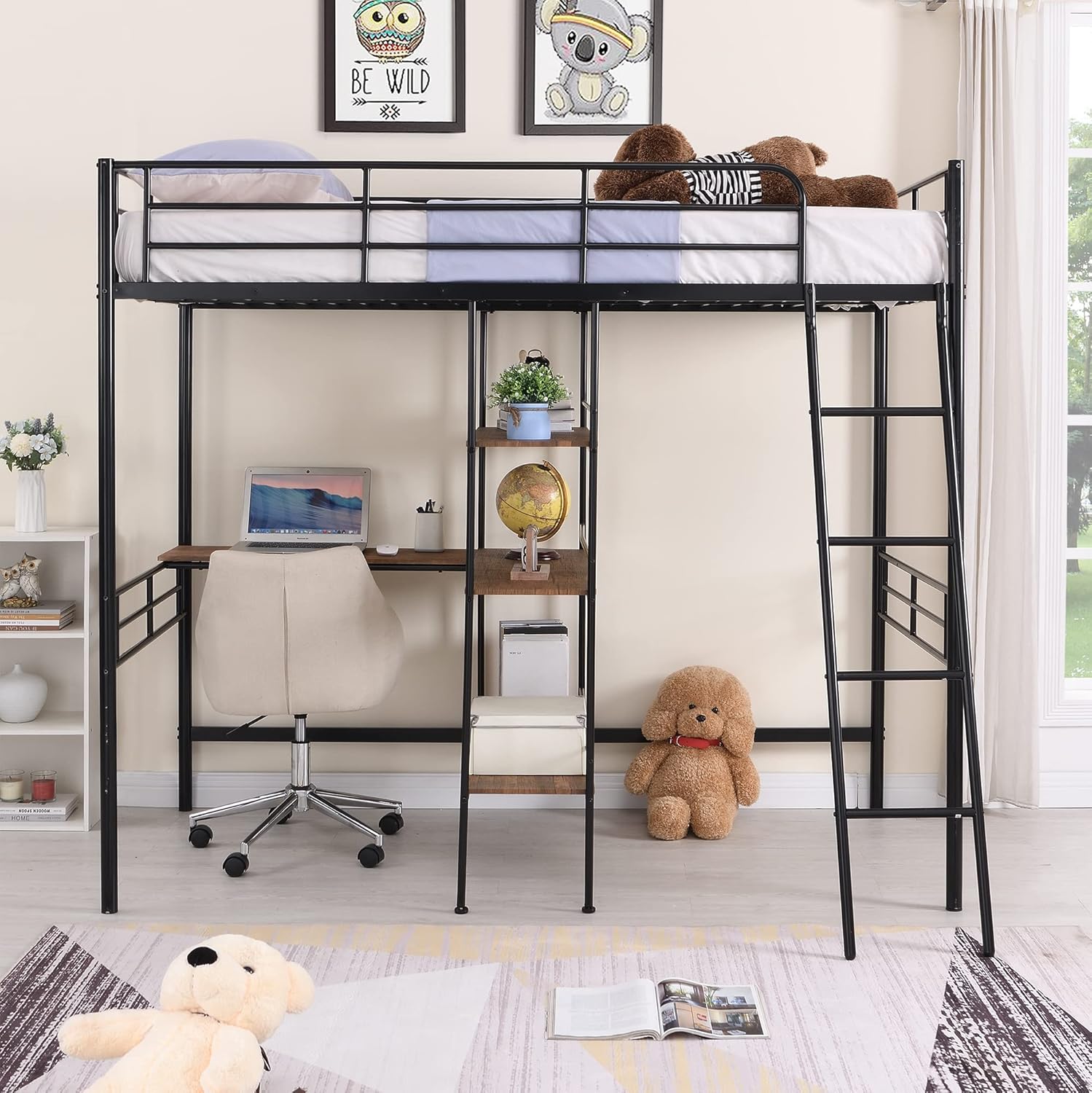 Black Metal Twin Size Loft Bed with Built-in Desk and Shelves O283620