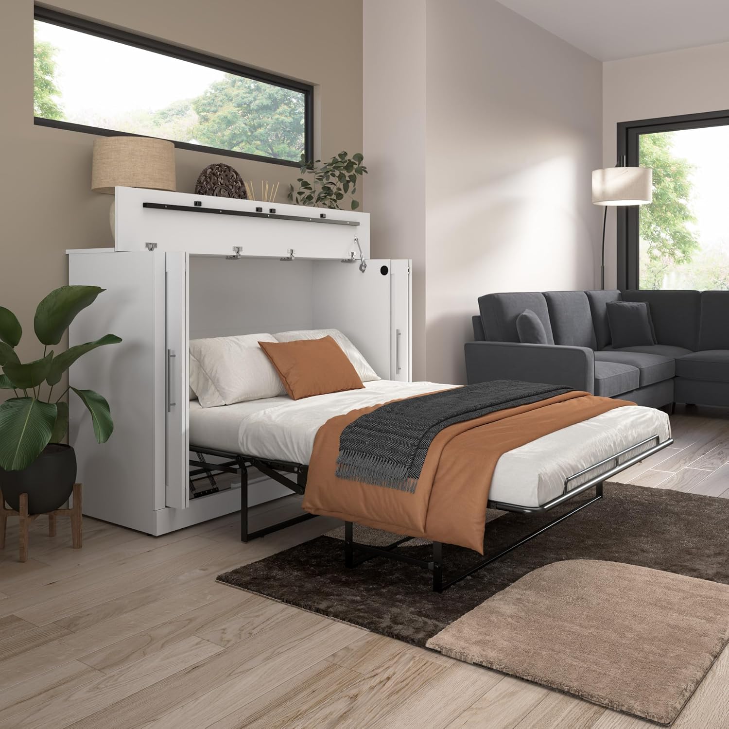 White Full Murphy Cabinet Bed with Mattress A3505