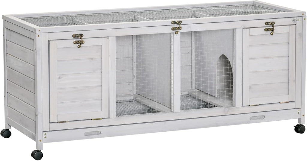 Light Gray Wooden Rabbit Hutch with Wheels and Removable Trays D2553