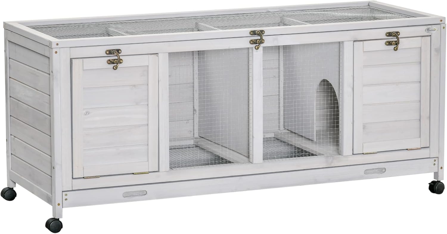 Light Gray Wooden Rabbit Hutch with Wheels and Removable Trays D2553