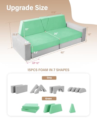 15pcs Modular Kids Play Couch Convertible Foam Sofa Gray E2151