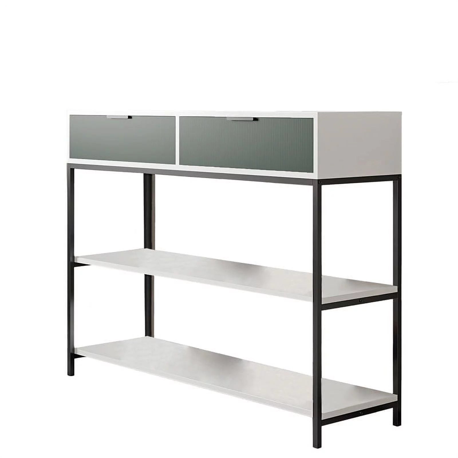 White and Light Green Wood Console Table with Shelves and Drawers C4535
