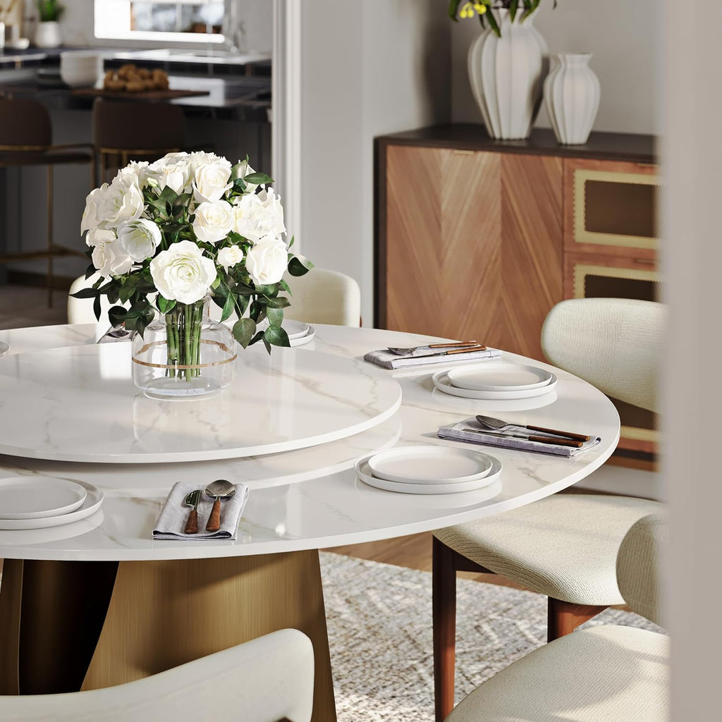51" Glossy White Sintered Stone Top Round Dining Table with Lazy Susan L330904