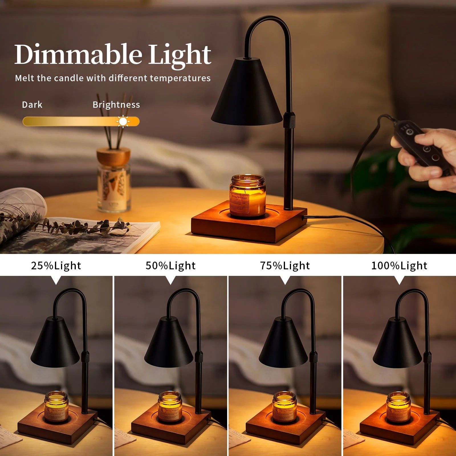 Black Walnut Electric Candle Warmer with Adjustable Height Dimmable Light 2 Bulbs F6143