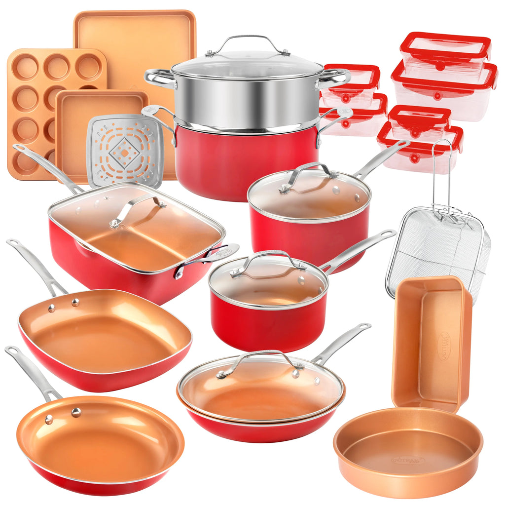 32 Pcs Nonstick Cookware Bakeware Food Storage Set Red C486405