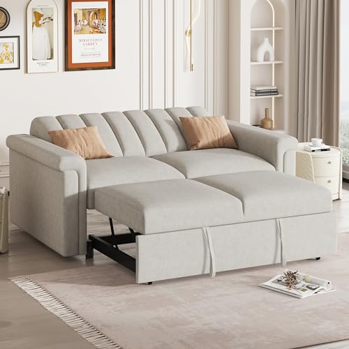 Beige Convertible Sleeper Sofa Bed with Pullout Bed T92457