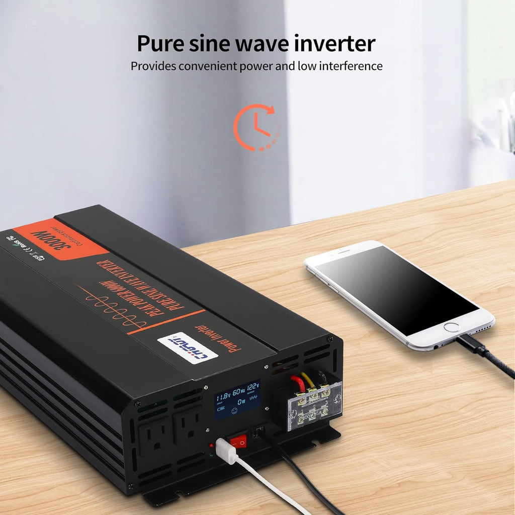 3000W Pure Sine Wave Power Inverter DC 12V to AC 120V with LCD Digital Display Remote Control USB Port Q28126