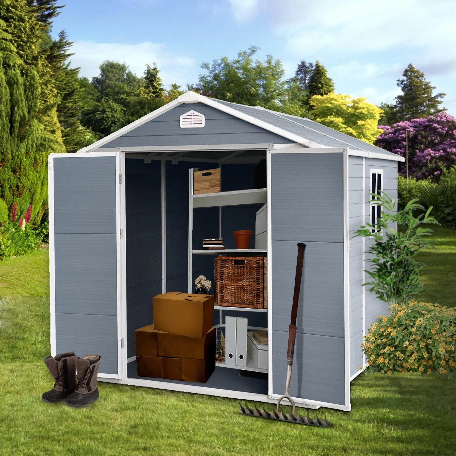 Gray 8' x 6' Outdoor Resin Storage Shed with Lockable Door A73292