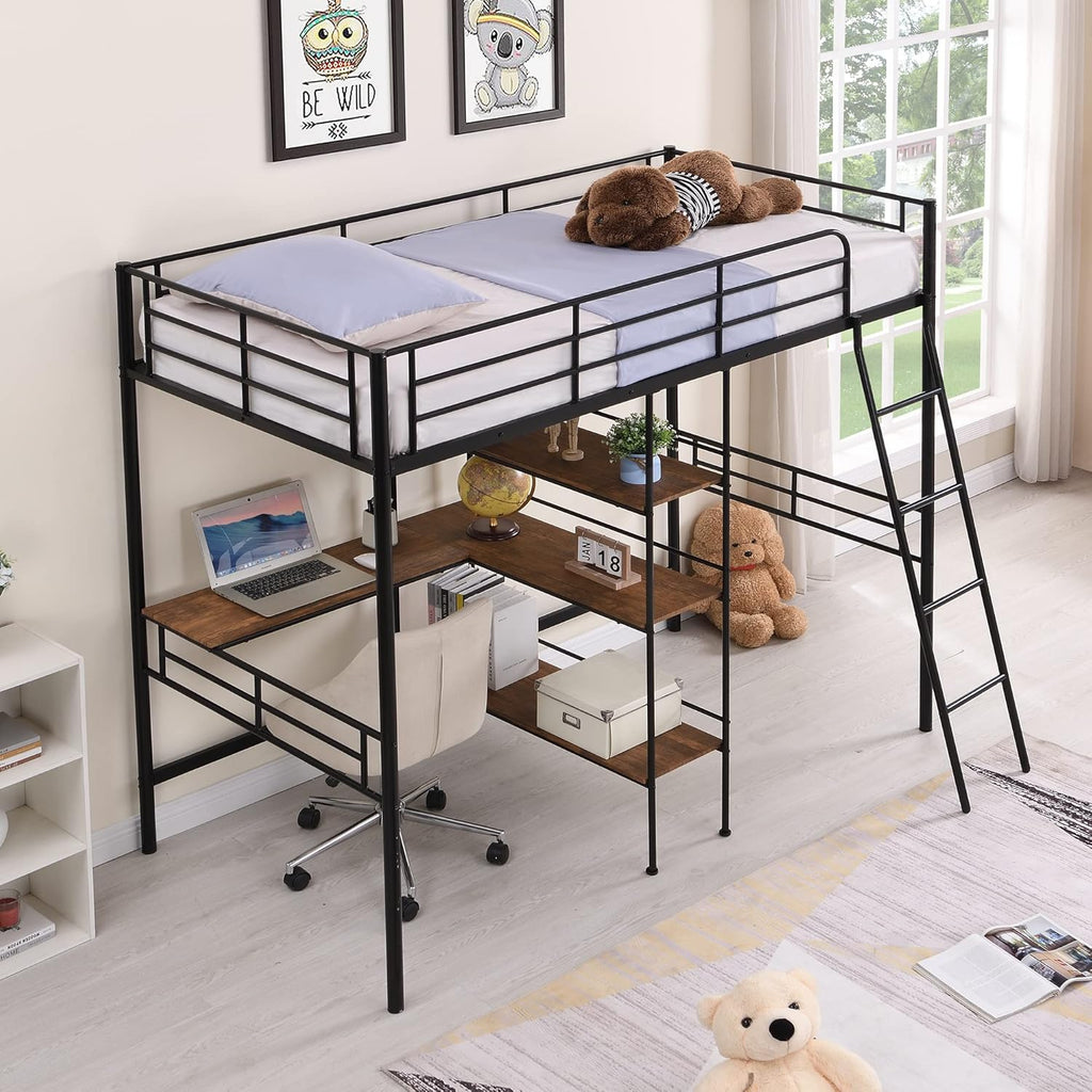 Black Metal Twin Size Loft Bed with Built-in Desk and Shelves O283620