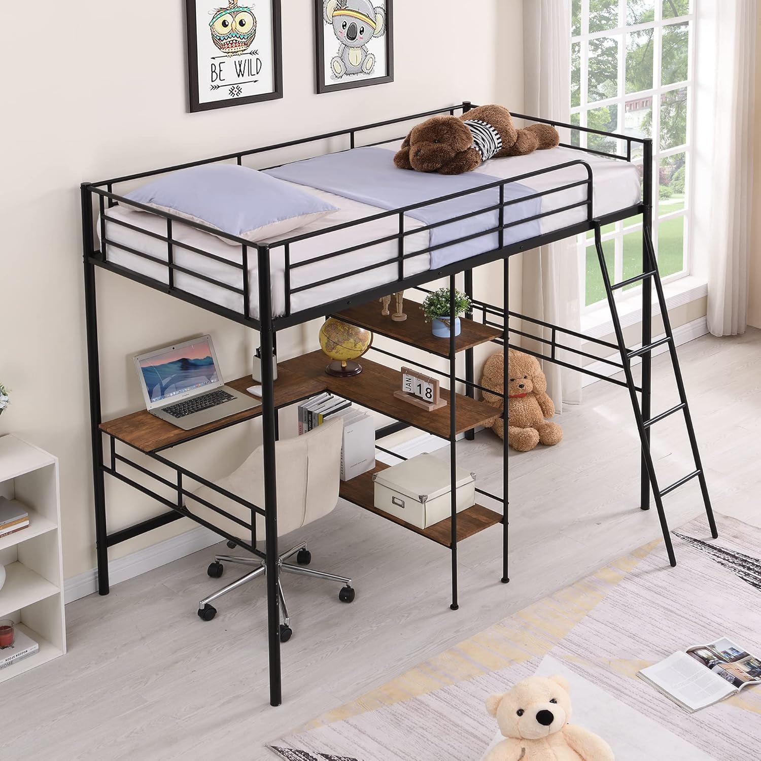 Black Metal Twin Size Loft Bed with Built-in Desk and Shelves O283620