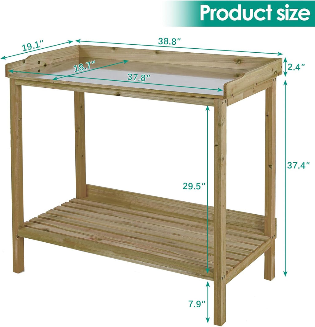 Natural Wood Potting Bench with Galvanized Iron Tabletop I853