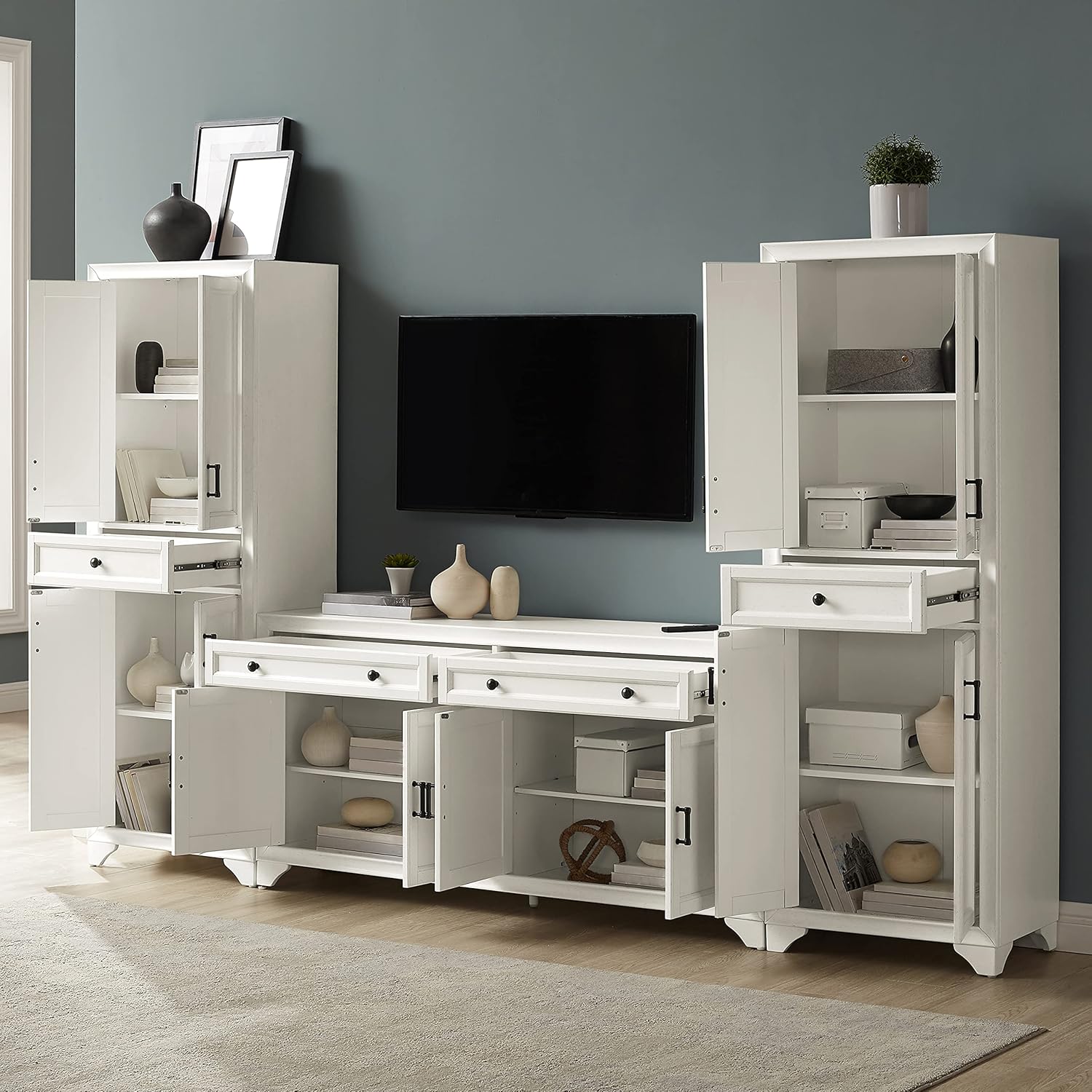 Distressed White 3-Piece Entertainment Set with Sideboard and 2 Storage Cabinets B91608