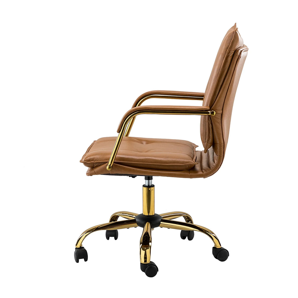 Camel Vegan Leather Task Chair with Tufted Mid Back Armrest Swivel Adjustable F784