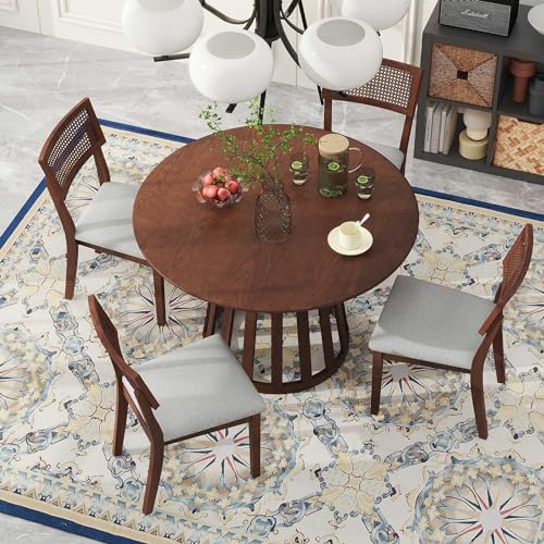 5-Piece Wood Dining Table Set with 4 Upholstered Chairs, Walnut O361