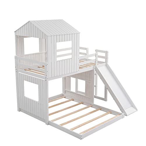 White Twin Over Full Size Wooden Bunk Beds with Slide J48714