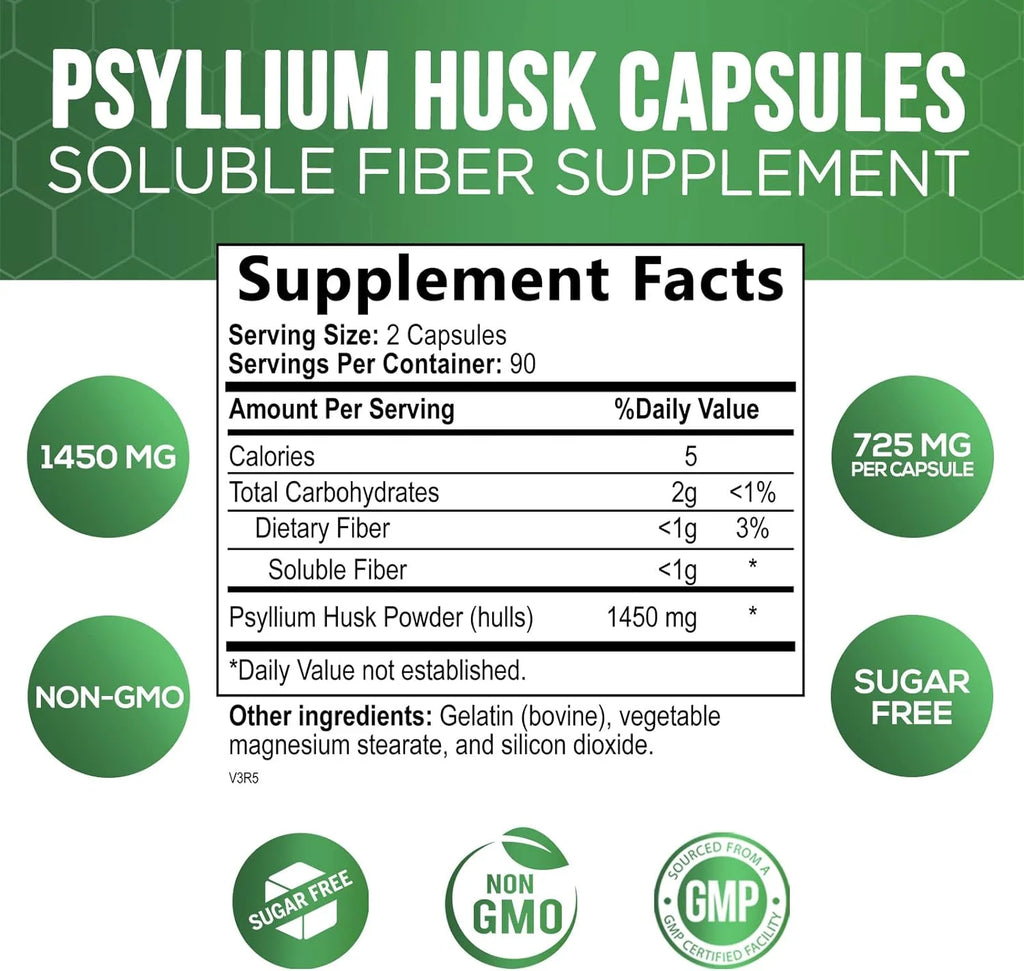 180 Capsules Psyllium Husk 1450mg Soluble Fiber Supplement G20876