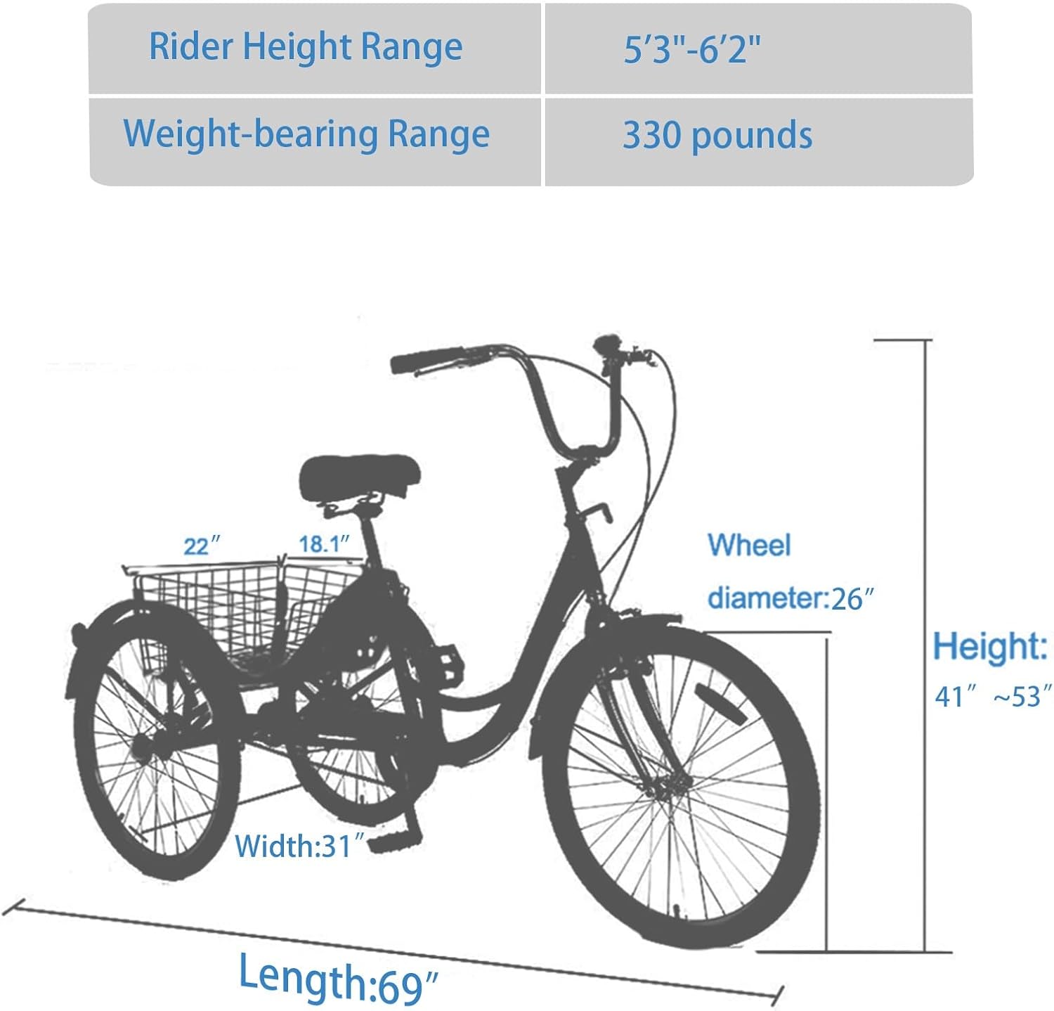 26 Inch 3-Wheel Cruiser Bicycle with Large Shopping Basket J385231