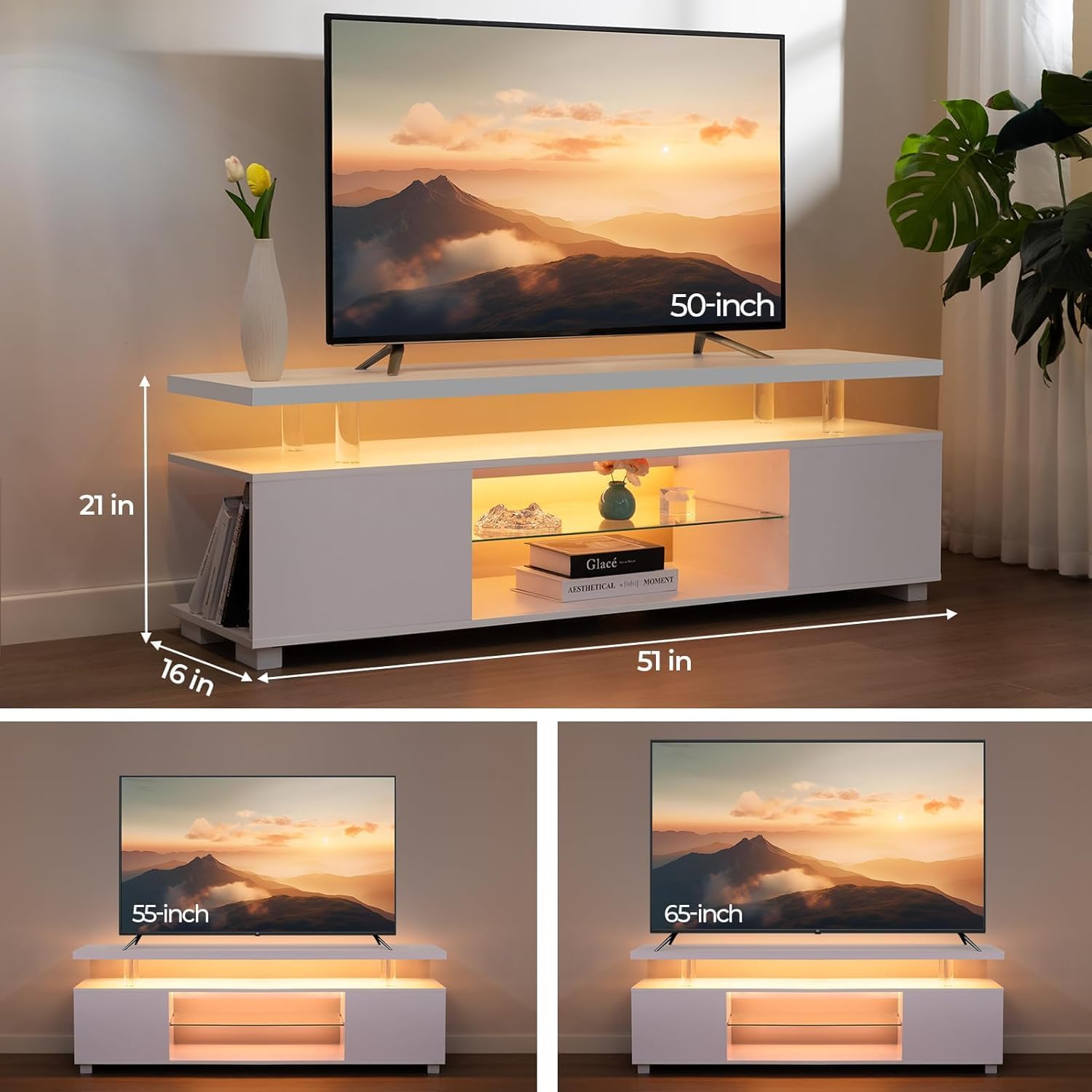 White TV Stand with Storage and Open Shelves W848