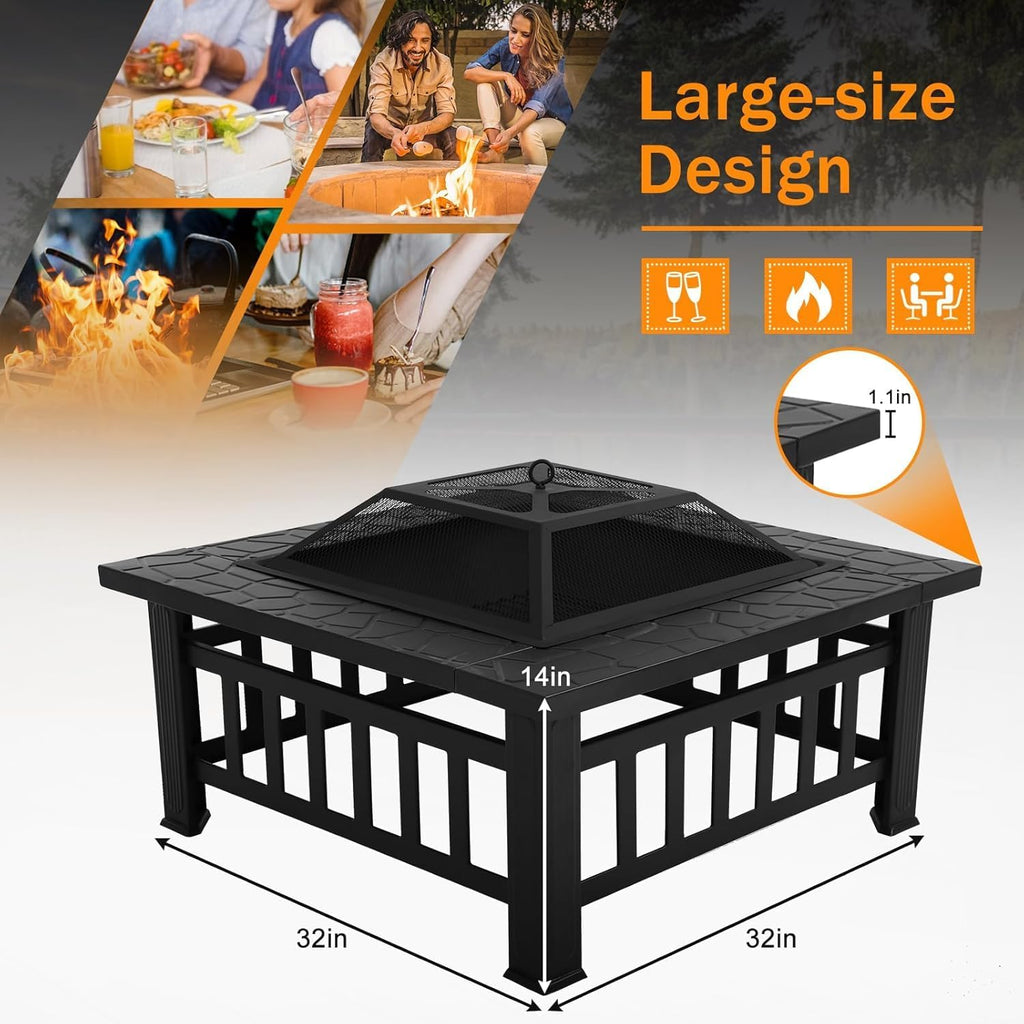 32in Square Black Metal Fire Pit F598905