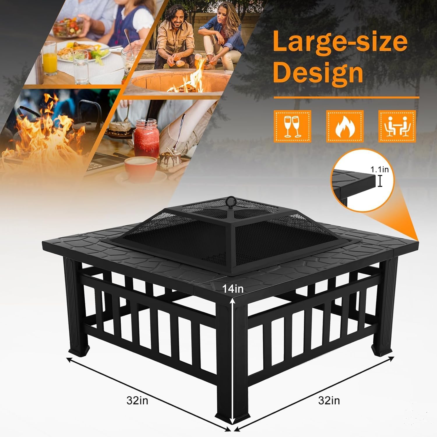 32in Square Black Metal Fire Pit F598905