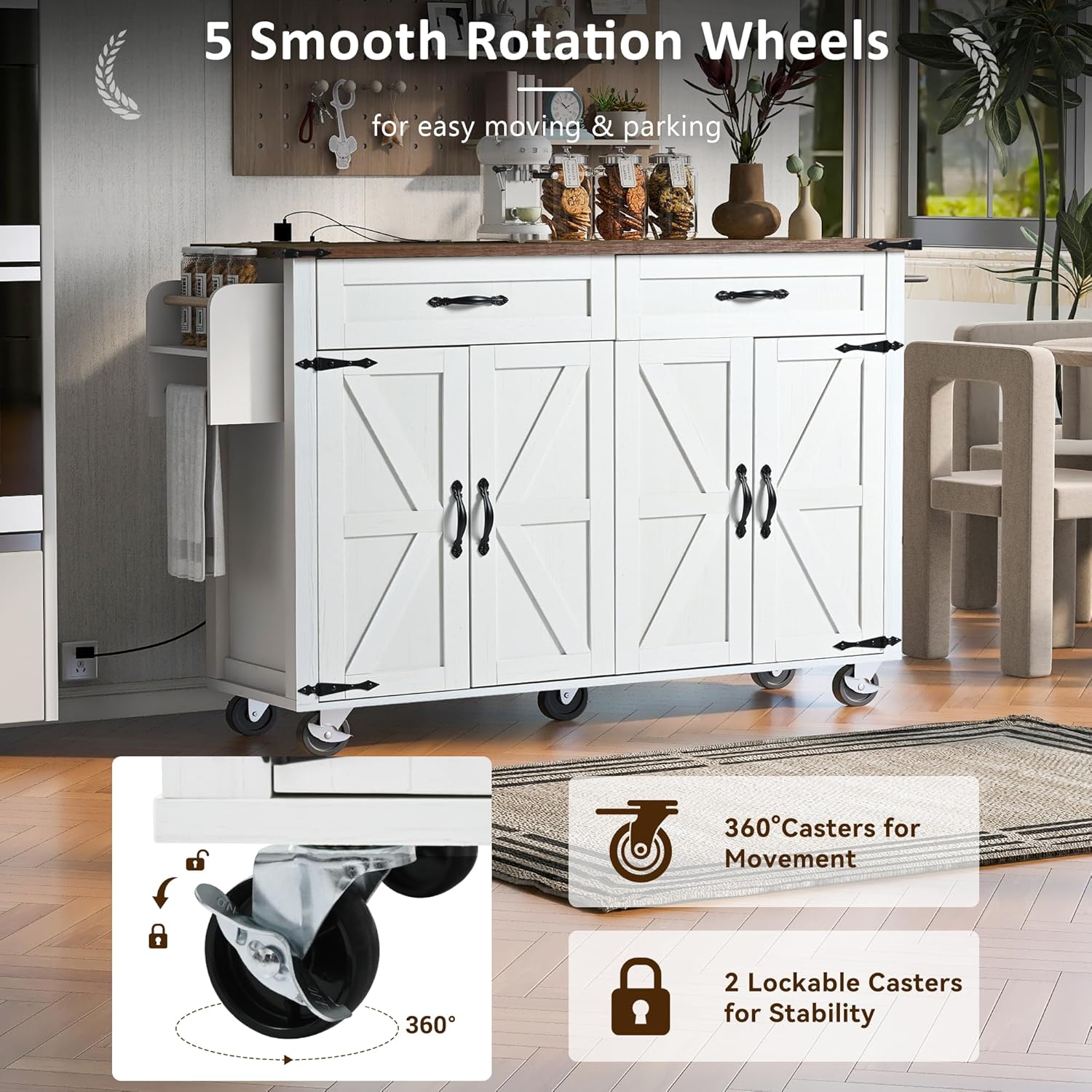 White Kitchen Island with Power Outlet and Drop Leaf Y6211