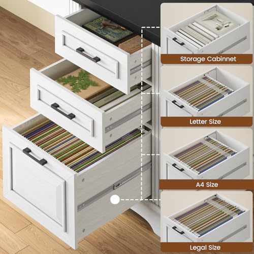 White L Shaped Desk with File Drawer and Power Outlet C50752