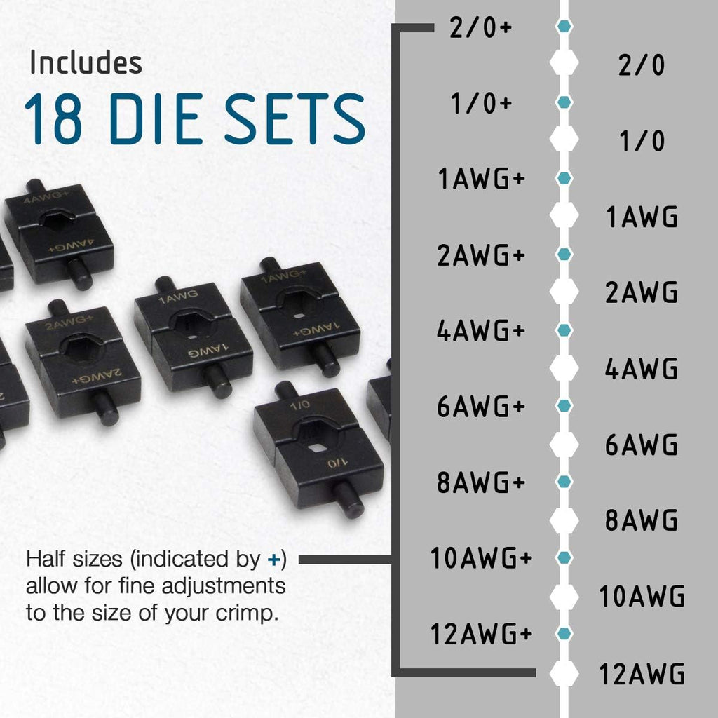 Hydraulic Electrical Cable Crimper Kit with 18 Die Sets 12 AWG - 00 (2/0) 5 US TON K939219