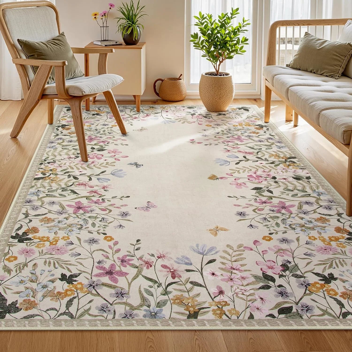 Green Floral 4x6 Washable Low-Pile Area Rug B6699