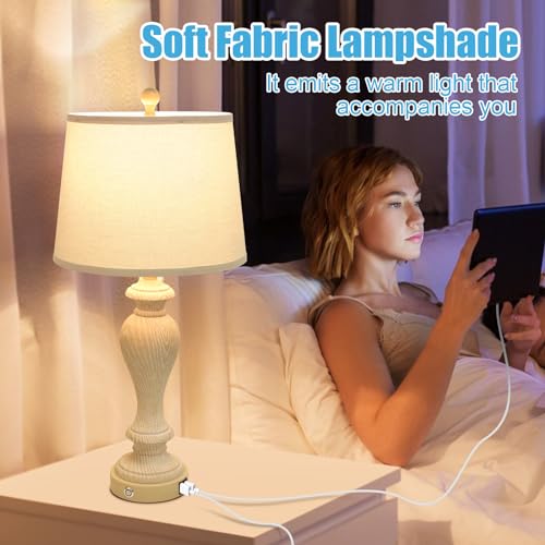 Set of 2 White Fabric Shade Table Lamps with 2 USB Ports, 3-Way Dimmable, 7W LED Bulbs H606575