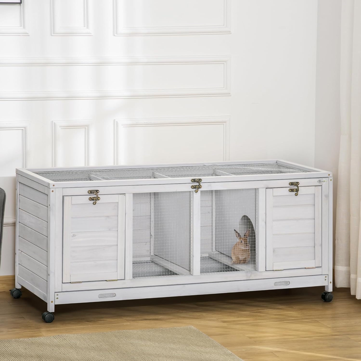 Light Gray Wooden Rabbit Hutch with Wheels and Removable Trays D2553