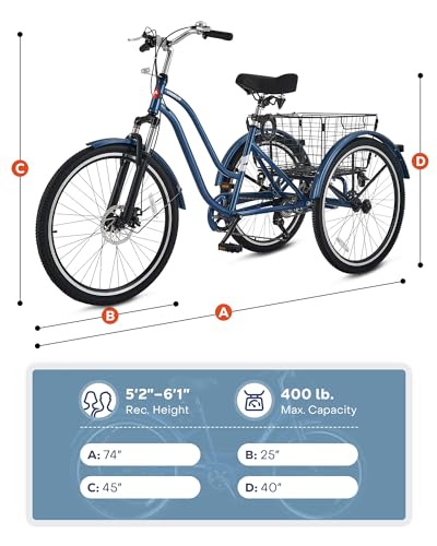 24 26 Inch 7 Speed Adult Tricycle with Front Suspension and Removable Basket R53424