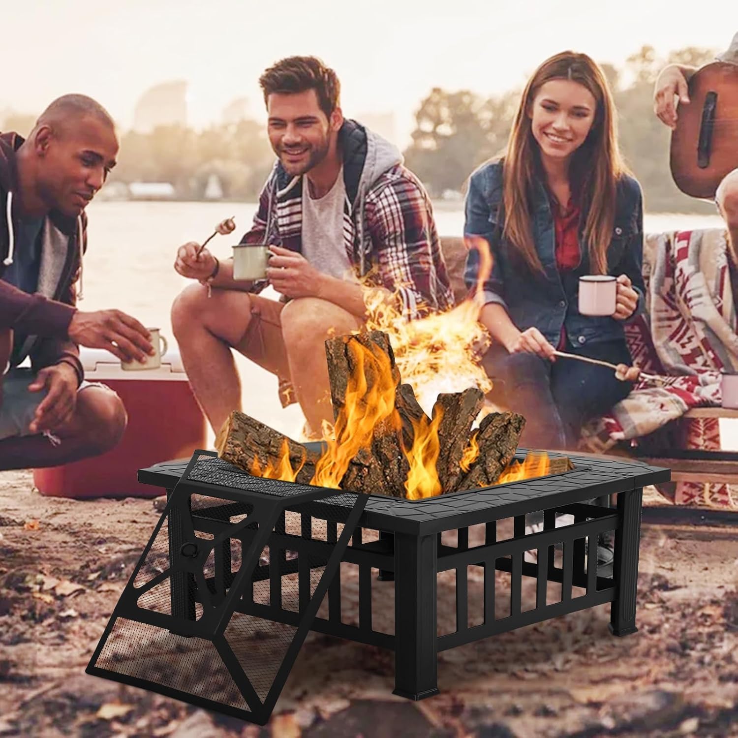 32in Square Black Metal Fire Pit F598905