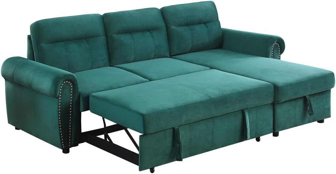 Green Velvet L Shaped Sleeper Sectional Sofa with Storage Chaise O23823