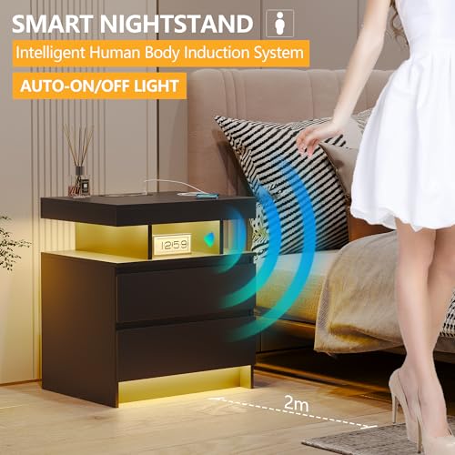 Black Nightstand with Drawers and Wireless Charging Station A2405